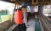 Volunteer disinfecting a nutrition centre in a Refugee Camp in Cox’s Bazar, Bangladesh.
