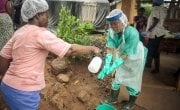 Nurse Mariama Kpakiwa in personal protective equipment is disinfected at Waterloo PHU during Ebola outbreak in Sierra Leone.