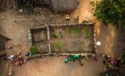 An aerial view of a community home garden, in the village of Kiambi, Manono Territory, DRC. Part of Concern Worldwide’s malnutrition programme, and a means to provide greater supplies of vegetables for impoverished households. Photo: Hugh Kinsella Cunningham/Concern Worldwide