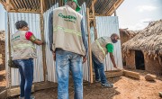 Concern staff visit newly constructed latrines in Democratic Republic of Congo.