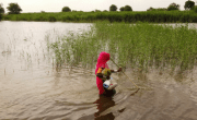 A woman carries a handful of belongings as she wades across flooded land