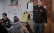 Petro* a psychologist and IDP, runs a PSS session for other IDP’s in Ternopil. Photo: Simona Supino/Concern Worldwide