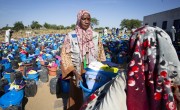 Concern team member Yanna Yagoub Arabi Fadul at a distribution of hygiene kits at Ban Jadid camp, West Darfur. Photo: Kieran McConville/Concern Worldwide