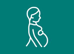 A simple white line illustration of a pregnant woman shown in profile against a teal background. The figure is depicted walking with one hand resting on her rounded belly, using clean, minimal lines to represent pregnancy, maternal health, and support for expectant mothers.