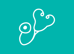A simple white line illustration of a stethoscope on a teal background. The minimal icon represents healthcare, medical services, health workers, and access to essential medical care.