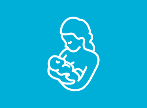 A simple white line illustration of a mother holding and caring for a baby against a blue background. The icon represents maternal and child health, breastfeeding support, early childhood care, and family wellbeing.