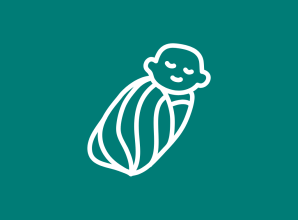 A simple white line illustration of a swaddled baby against a teal background. The icon represents newborn care, early childhood development, maternal and infant health services, and support for children during their earliest stages of life.