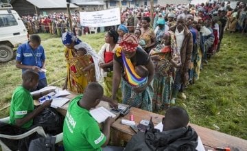 A Concern distribution of tarpaulins to displaced families in Katale, Masisi, DRC.
