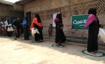 Maintaining Social Distancing while mothers are waiting to receive Nutritional Supplement from a Concern Worldwide Supported Site, Cox’s Bazar in Bangladesh.Photo: Md. Al-Nasim