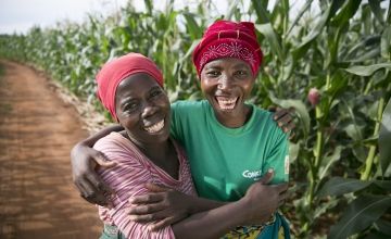 Esime Jenaia, a Lead Farmer for conservation Agriculture, at her plot in Chituke village, Mangochi, Malawi, with neighbour Esnart Kasimu. Photo: Kieran McConville / Concern Worldwide.