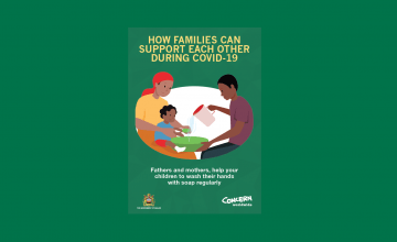 Messaging developed in Malawi promoting the gender equitable division of labour in Covid-19 prevention. Text says 'How families can support each other during Covi-19. Fathers and mothers, help your children to wash their hands with soap regularly.