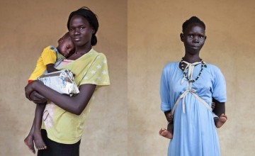 Two South Sudanese mothers with their children