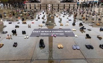 Shoes to symbolize recent stark figures which estimate that 2,400 people are dying of hunger every day in East Africa.