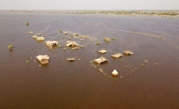 Aerial view of houses underwater in Jhuddo town of District Mirpurkhas of Sindh. Photo: Emmanuel Guddo/Concern Worldwide