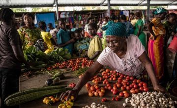 Woman selling vegetables and produce at a market in Manono Territory, DRC
