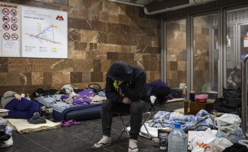 People lie on the floor in Heroiv Pratsi metro station in North Eastern Kharkiv as Ukraine's leader Volodymyr Zelensky appears on television on Thursday 24th March 2022. Photo: Ed Ram/Concern Worldwide