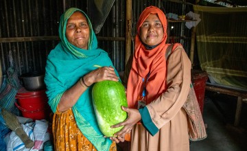 Malika Begum is a programme participant of the Zurich programme. She benefitted hugely from the CSA aspect and learned to grown vegetables, even when there is flooding. She grows them on raised platforms. Photo: Gavin Douglas/ Concern Worldwide