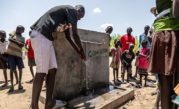 This borehole water system, powered by solar panels, was implemented by Concern and sustains 460 families in the village of Naoros, Turkana. The water is treated with chlorine.