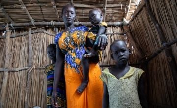 Angelina with her daughter Chaudiel (4) (left), her youngest child Nyachar (3) (in her arms), and her daughter Nyaruot (6) (right). Photo: Eugene Ikua/Concern Worldwide 