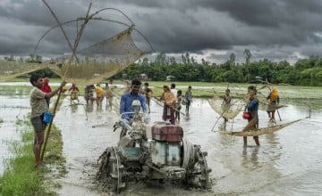The waterlogged paddy fields are remnants of recent heavy rainfall. Before the fields are readied for planting, children and youths from the neighbourhood gather to catch fish. Photo: Saikat Mojumder/Concern Worldwide