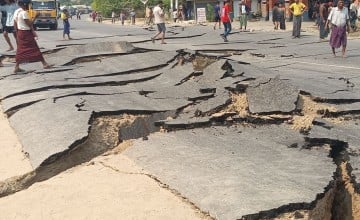 A road is torn apart in the aftermath of the Myanmar earthquake.