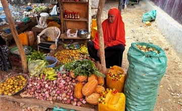 A market scene with a variety of fruits and vegetables on display, including tomatoes, onions, bananas, and leafy greens. A person in a red covering is seated on the right side, surrounded by large sacks and containers of produce.