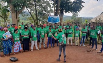 Community health volunteers practicing their songs and hygiene messages ahead of mass sensitisations. Photo: Concern Worldwide