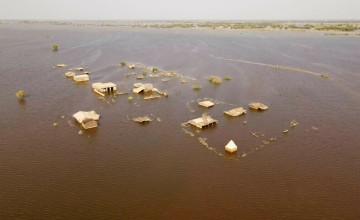 Aerial view of houses underwater in Jhuddo town of District Mirpurkhas of Sindh, Pakistan. Photo: Emmanuel Guddo/Concern Worldwide
