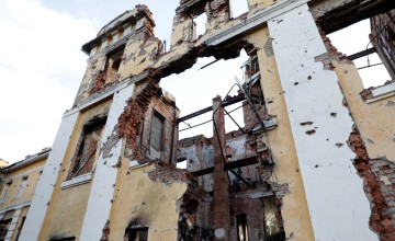 A destroyed specialised language school in Kharkiv. Photo: Jon Hozier-Byrne/Concern Worldwide