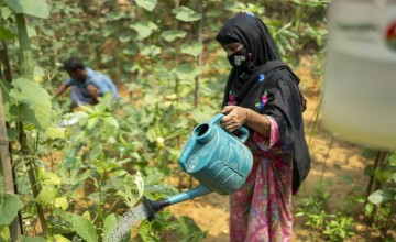 Sayed and his wife Farija at their homestead vegetable garden supported by Concern. Farija, a receiver of Concern’s training support on nutrition, home gardening and seeds production for better nutritious life and livelihood in Ukhiya, Cox's bazar. Photo: Saikat Mojumder/Concern Worldwide