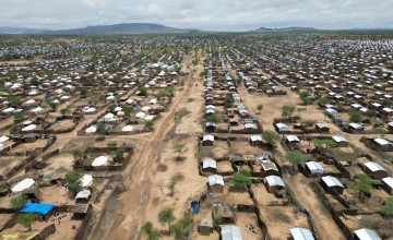 An aerial shot of a massive refugee camp