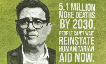 Andy Burnham's face drawn in paint on a field next to text warning of 5.1 million deaths by 2030