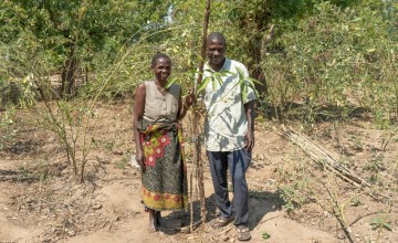 Godfrey and Agness at a new mango tree in their home garden in Lundu Village, Group Village Headman Lundu, TA Malemia, Nsanje District. Godfrey is a lead farmer and gender champion. Photo: Chris Gagnon/Concern Worldwide.