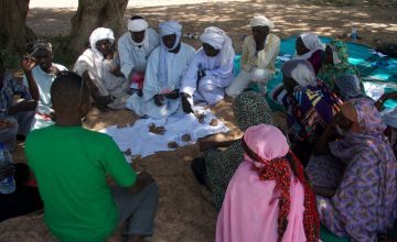 Tcharow Comite Communautaire d'Action discuss the results of the vote on impact and frequency of hazards in order to prioritise the most important ones in Tcharow, Goz Beida, Sila Region, Chad. Photo: Dom Hunt.
