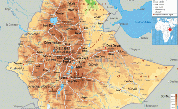 The Physical Map of Ethiopia showing major geographical features like elevations, mountain ranges, deserts, seas, lakes, plateaus, peninsulas, rivers, plains, landforms and other topographic features.