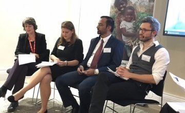 Global Hunger Index 2017 launch in London. The panel included Tamsyn Barton, Theo Clarke, Dr Mazhar Alam, and Dr Jason Hickel (left to right)