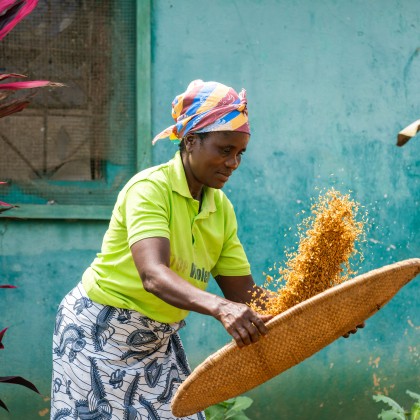 A woman tossing grains into the air