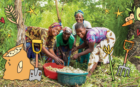 Four women smile as they work together outdoors, sorting harvested produce into bowls, surrounded by illustrated farming and vegetable icons.