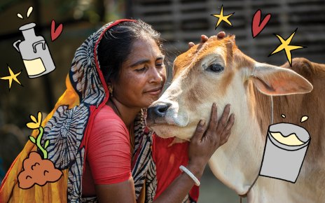 A woman gently embraces a cow, surrounded by illustrated icons representing milk, livestock and farming.