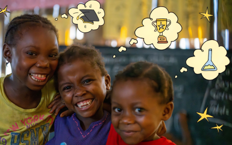 Three smiling girls sit together, surrounded by illustrated thought bubbles showing a graduation cap, trophy and science flask.