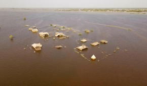 Aerial view of houses underwater in Jhuddo town of District Mirpurkhas of Sindh, Pakistan. Photo: Emmanuel Guddo/Concern Worldwide