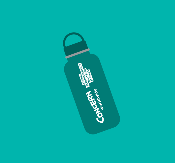 A green Concern-branded reusable water bottle.