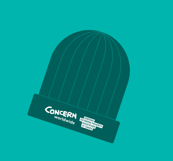A green beanie hat with the Concern Worldwide logo.