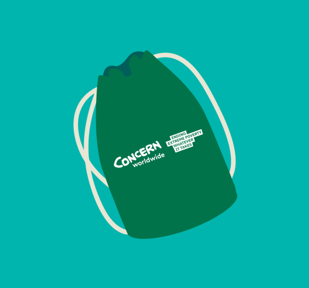 A green drawstring bag with the Concern Worldwide logo.