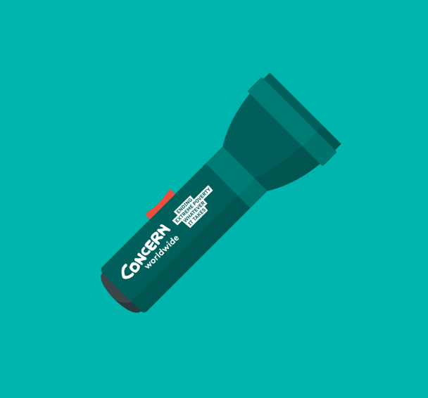An illustrated green torch branded with Concern Worldwide.