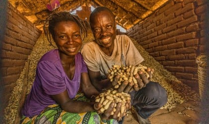 Faustin Kabila, husband of Lucie Mbuyi wa mbuyi benefit directly from Concern project, selling peanuts is an income-generating activity they developed with Concern’s help in Manono, Tanganyika. Photo: Pamela Tulizo/Panos/Concern Worldwide