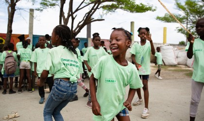 Young people taking part in activities run by Sakala, a local partner of Concern Worldwide in Port-au-Prince, Haiti. They provide a safe space for children and teenagers to engage in normal activities, away from the dangers of gang activity. Photo: Kieran McConville/Concern Worldwide