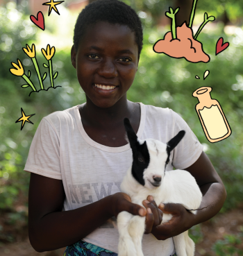 A smiling girl stands outdoors holding a small black-and-white baby goat in her arms. Hand-drawn illustrations of flowers, hearts, stars, and a bottle are overlaid around her, adding a playful, cheerful feel against the green, leafy background.