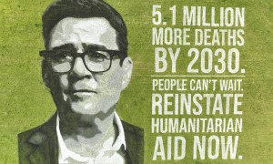 Andy Burnham's face drawn in paint on a field next to text warning of 5.1 million deaths by 2030