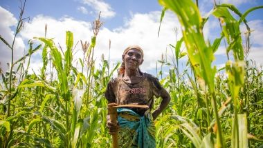 Female farmer in Malawi surrounded by crops